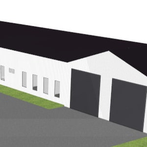 May include: A white building with a black roof and a large garage door. The building has several windows and a small covered entrance.