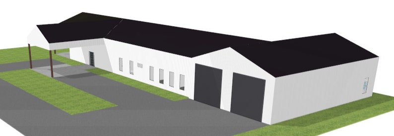 May include: A white building with a black roof and a large garage door. The building has several windows and a small covered entrance.