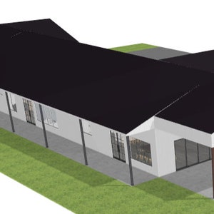 May include: A white and black modern house with a large covered patio. The house has a black roof and white walls. The patio has a white roof and brown support beams.