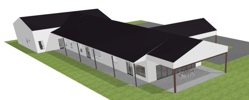May include: A white and black modern house with a large covered patio. The house has a black roof and white walls. The patio has a white roof and brown support beams.