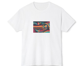 Camiseta unisex HD Cotton™ con una ilustración minimalista en color de una máquina que viaja en el tiempo.