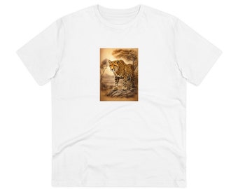 Uniseks zwaar katoenen T-shirt, 'Cheetah Majesty' in een illustratie in houtskool en tint.