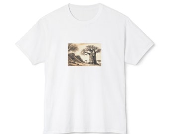 Camiseta de algodón orgánico con árbol de baobab e ilustración de paisaje en carboncillo.