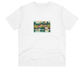 Camiseta Organic Creator: unisex, ilustración que captura el encantador motivo del paisaje urbano de Luang Prabang, Laos