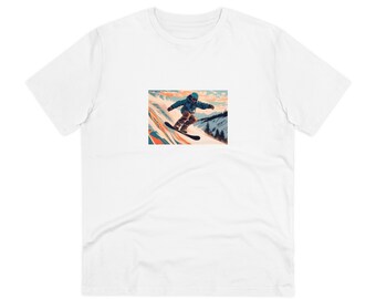 Camiseta Organic Creator - Unisex, Ilustración de arte de linóleo que presenta una escena dinámica de un salto en el aire de un snowboarder