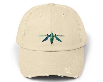 Gorra Unisex Distressed, ilustración vintage minimalista de un dron inspirado en pájaros e insectos
