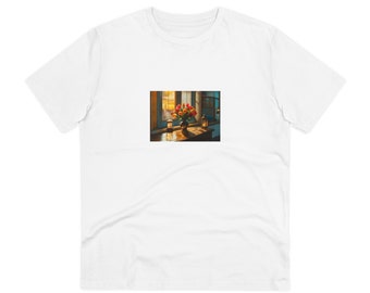 Camiseta unisex de algodón orgánico con estampado de jarrón floral – Escena de habitación vintage