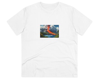 T-shirt Organic Creator - Unisexe, illustration de l'éruption du volcan sur une île tropicale