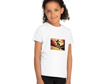 Camiseta infantil de skate con ilustración de salto, arte en linóleo