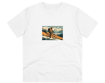 Camiseta Organic Creator: unisex, con un ciclista de montaña antiguo recorriendo el campo con un estilo minimalista