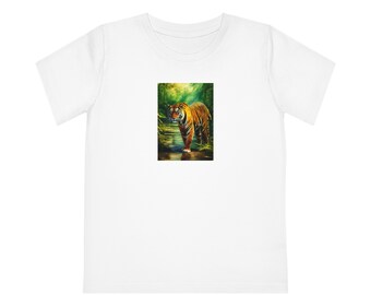 Camiseta infantil con estampado de tigre en linóleo, de algodón orgánico.