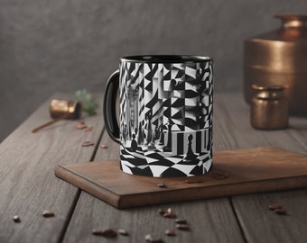 Taza de café con diseño de tablero de ajedrez Op-Art, taza de cerámica bicolor
