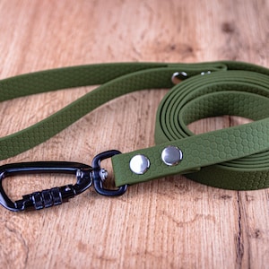 Op de afbeelding: Een groene hondenriem met een getextureerd oppervlak en een zwarte karabijnhaak. De riem heeft twee zilveren metalen accenten.