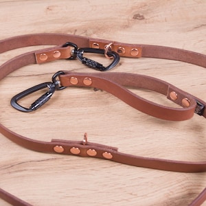 Op de afbeelding: Een bruine leren hondenriem met twee zwarte metalen karabijnhaken, koperkleurige klinknagels en geïntegreerde metalen D-ringen. De riem is opgebouwd uit meerdere lederen segmenten die door deze metalen bevestigingen met elkaar zijn verbonden.