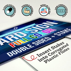 May include: A double-sided yard sign with the text "Create Your Own Yard Sign Full Color Double Sided + Stake" printed in white on a blue background. The sign is made of 4mm corrugated plastic and has a black frame. The sign is attached to a metal stake.