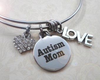 Autism Mom Bangle Bracelet, 3 Sizes Small to Large, Support Gift Jewelry for Mother of Autistic Child,  Rhinestone Studded Heart Charm