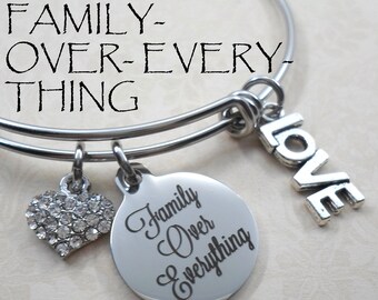 Family Over Everything Bangle Bracelet, 3 Sizes Small to Large, Elegant Mom, Mother Birthday Gift Jewelry, Stunning Rhinestone Studded Heart