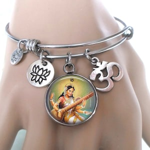 Saraswati Bangle Bracelet, Hindu Deity, Divine Mother Goddess of Music, Education, Knowledge, Aum and Lotus Charms,  Elegant Jewelry