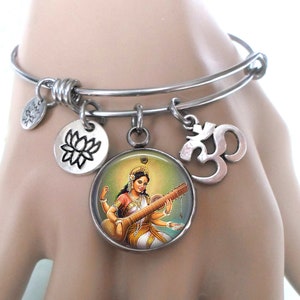 Saraswati Bangle Bracelet, Hindu Deity, Divine Mother Goddess of Music, Education, Knowledge, Aum and Lotus Charms,  Elegant Jewelry