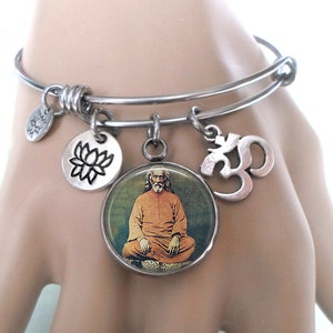 Swami Sri Yukteswar Giri Bangle Bracelet, Kryia Yogi, Guru, Kriya Master, Baba, Aum and Lotus Charms,  Elegant Birthday Gift Jewelry,