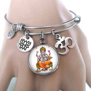 Ganesh Bangle, Hindu God Bracelet, Deity of India, Aum and Lotus Charms,  Ganesha Bracelet, Elegant Birthday Gift Jewelry,