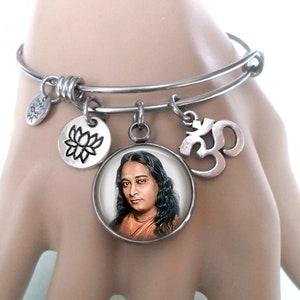 Paramahansa Yogananda Bangle Bracelet, Kryia Yogi, Guru, Kriya Master, Baba, Aum and Lotus Charms,  Elegant Birthday Gift Jewelry,