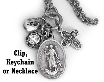 Archangel Raphael Keychain, Clip or Necklace, Patron Saint of Healing, Get Well Prayer Gift, Birthstone Crystal and Initial Charm