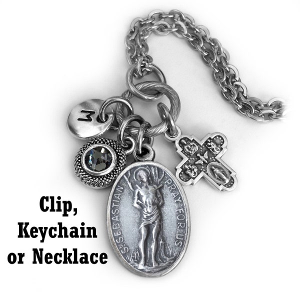 St. Sebastian Keychain, Clip or Necklace, Patron Saint of Athletes, Soldiers, Crystal Pendant, Initial Charm