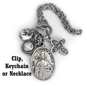 St. Teresa of Avila Keychain, Clip or Necklace, Confirmation Gift, Personalized, Birthstone Crystal and Initial Charm