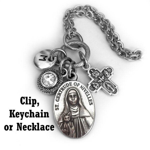 St. Gertrude of Nivelles Keychain, Clip or Necklace, Patron Saint of Cats, Personalized, Birthstone Crystal and Initial Charm