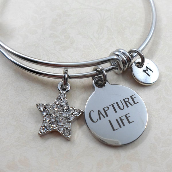 Capture Life Bangle Bracelet, 3 Sizes, Elegant Inspirational Photographer Gift Jewelry, Photography Buff,  Rhinestone Star Charm, Birthday