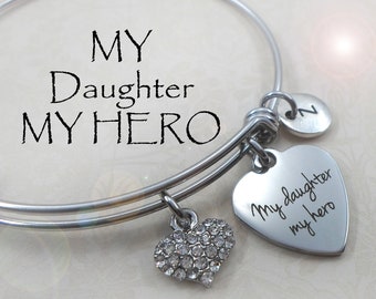 My Daughter My Hero Bangle Bracelet, 4 Sizes, Elegant Daughter Birthday Gift Jewelry, Rhinestone Heart, Appreciation, Thank You Gift