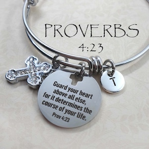 Proverbs 4:23, Guard Your Heart Above All Else Bangle Bracelet, 4 Sizes, Extra Small to Large, Elegant Christian Gift Jewelry, Bible Verse