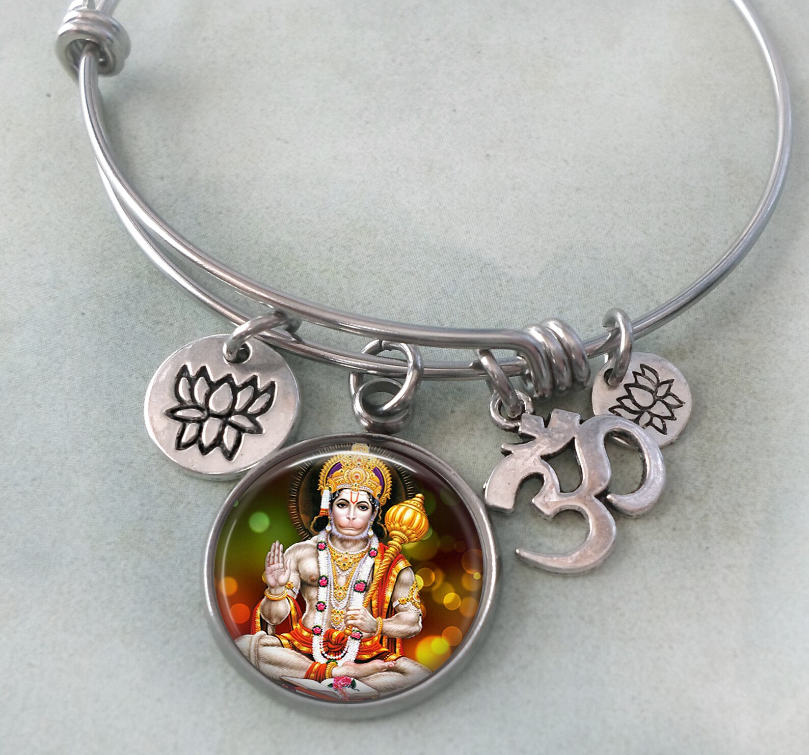 Hanuman Bangle Bracelet, Hindu God of Devotion, Deity of India, Aum and