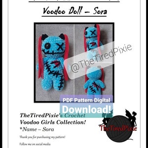 Könnte beinhalten: Häkelanleitung für eine Voodoo-Puppe namens Sora. Die Puppe ist blau mit roten Haaren und einem genähten Herzen. Das Muster ist zum digitalen Download verfügbar. Der Text "The Tired Pixie's Crochet Voodoo Girls Collection! *Name - Sora" ist im Bild enthalten.
