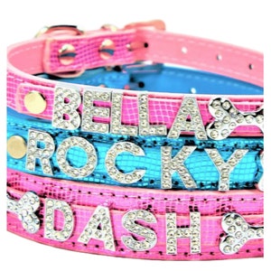 Personalized Bling Dog Collar: Rhinestone Name, Faux Leather