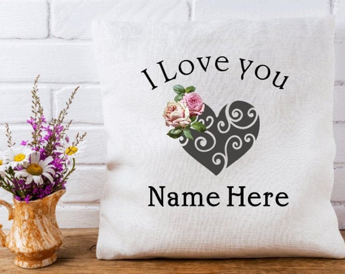 Personalized Gifts Personalized Heart Linen Cushion Cover Heart and Roses Pillow Cover Personalized French Farmhouse Pillow Covers