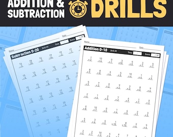Addition & Subtraction Worksheet Drills – Kinder, 1st, 2nd Grade  / Adding and Subtracting Numbers 0-20 (Printable PDF Download)