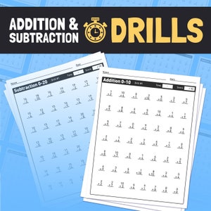 Puede incluir: Dos hojas de trabajo en blanco y negro con el título "Addition & Subtraction Drills". La primera hoja de trabajo se titula "Subtraction 0-20" y la segunda hoja de trabajo se titula "Addition 0-10". Ambas hojas de trabajo tienen una cuadrícula de problemas matemáticos.