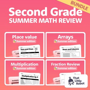 Puede incluir: Un paquete de cuatro hojas de trabajo imprimibles para la revisión de matemáticas de verano de segundo grado. Las hojas de trabajo cubren el valor posicional, las matrices, la multiplicación y la revisión de fracciones. Cada hoja de trabajo tiene un tema de verano e incluye un icono de sol. Las hojas de trabajo están diseñadas por That Little Robot.