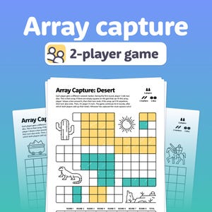 Peut inclure: Un plateau de jeu imprimable pour un jeu à 2 joueurs appelé "Array Capture: Desert". Le plateau de jeu est une grille avec des cases jaunes et bleues. Le plateau de jeu a un cactus, un soleil, un lézard et une scène de désert. Le plateau de jeu contient des instructions sur la façon de jouer au jeu.