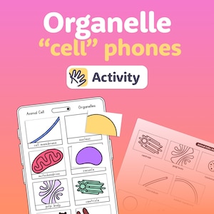Op de afbeelding: Educatief activiteitenblad met de titel "Organelle 'cell' phones". De afbeelding toont een grafiek van een mobiele telefoon met gelabelde celonderdelen en een bijpassend werkblad. De activiteit is ontworpen om over dierlijke cellen te leren.