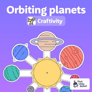 May include: A printable craft activity for kids to make a solar system mobile. The image shows a yellow sun with planets orbiting around it. The planets are blue, green, red, brown, and gray. The text "Orbiting planets" and "Craftivity" is at the top of the image.