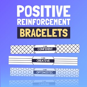 Peut inclure: Quatre bracelets blancs avec des motifs noirs et des affirmations positives. Le texte sur les bracelets est "Je suis confiant", "Je suis créatif", "Je suis optimiste" et "Je suis attentionné".