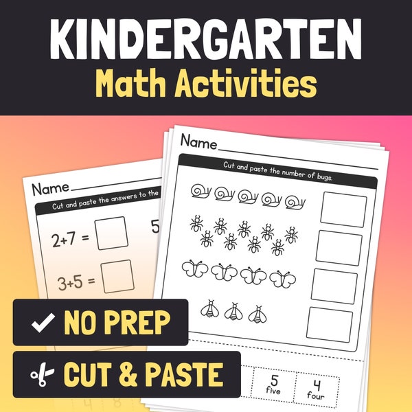 Kindergarten Math Activities, Cut & Paste Math Worksheets, Kindergarten Math Printable, Number Sense and Counting Worksheets (Printable PDF)