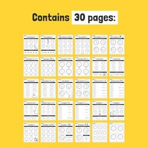 May include: A set of 30 printable worksheets for learning to tell the time. Each worksheet features a clock face with hands and various animal illustrations. The worksheets are titled with phrases like "Time in Numbers", "Time in Words", and "All Together".