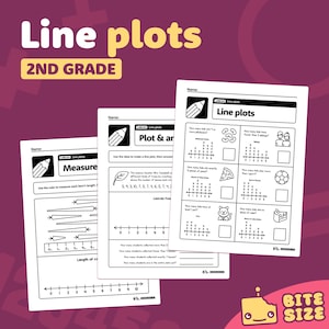 May include: Black and white printable worksheet for second grade students to learn about line plots. The worksheet includes instructions to measure items using a ruler and create a line plot. The worksheet also includes a line plot with data about leaves found on trees.