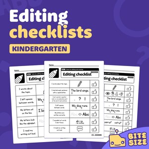 Könnte beinhalten: Drei weiße Bearbeitungs-Checklisten für den Kindergarten mit dem Titel "Bearbeitungs-Checklisten" in weißem und gelbem Text auf lila Hintergrund. Die Checklisten enthalten Aufforderungen wie "Ich habe über das Thema geschrieben" und "Der Vogel singt."
