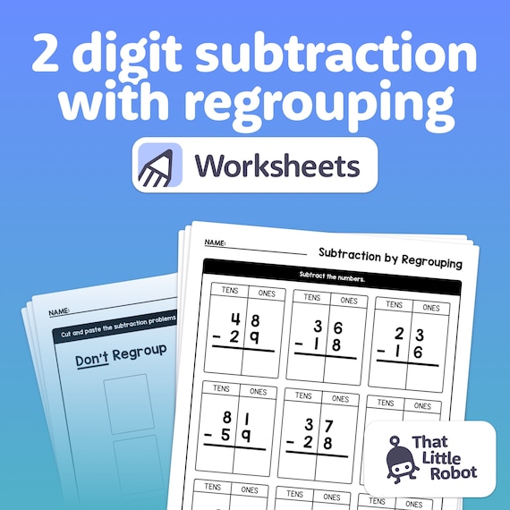 No Prep 2 Digit Subtraction with Regrouping Worksheets | 1st, 3rd, 2nd Grade Subtracting Activities & Math (Printable PDF)