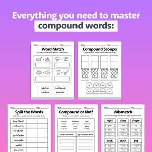 1st & 2nd Grade Compound Words Worksheets Vocabulary and Grammar Activities, English Worksheets Printable PDF image 2